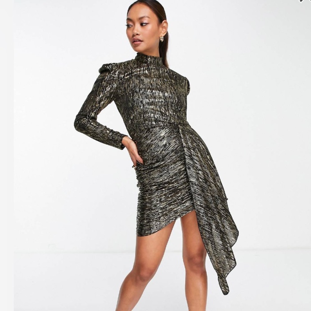 V the Label cross back puff sleeve mini dress shimmer black 4